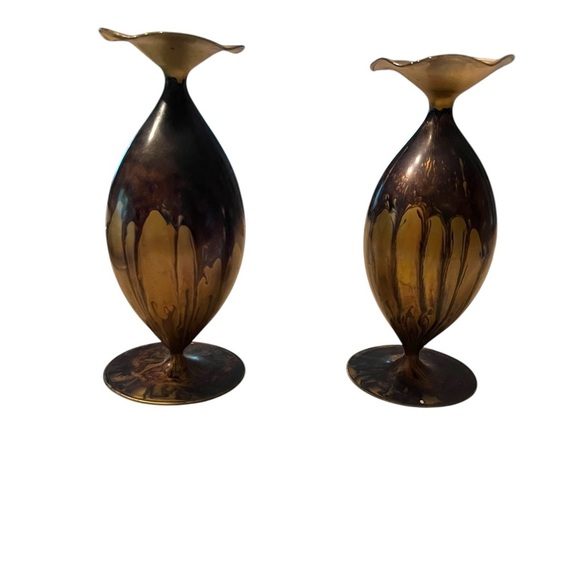 Two Vintage Art Glass Vases 7" Delicate Egg Shell Blown Glass Swirl Brown Gold - Picture 1 of 11
